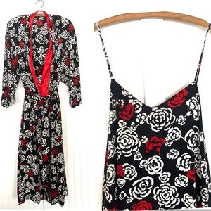 Vintage Black White and Red Nightgown and Robe Set Kimono Floral Peignor Sexy